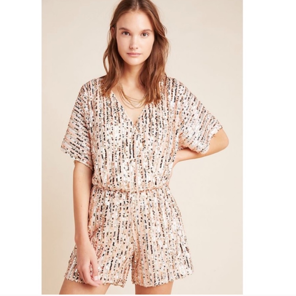 Anthropologie Sequin Romper in Cream and Black
